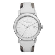 A Burberry City Slate White Edition watch with a white leather strap, silver case, and a date display.
