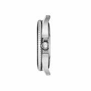 Close-up of a silver watch with detailed design on a white background