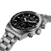 Silver Tissot watch with black dial on a white background