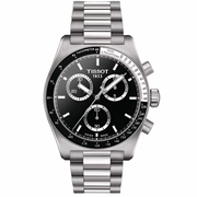 Silver Tissot watch with black dial on a white background