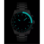 Black watch with blue glowing face on a black background