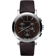 A Burberry Men's Chronograph watch with a brown leather strap, silver case, and brown sunray dial featuring silver-tone hands and stick index hour markers.