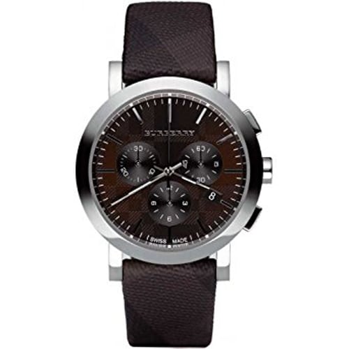 A Burberry Men's Chronograph watch with a brown leather strap, silver case, and brown sunray dial featuring silver-tone hands and stick index hour markers.