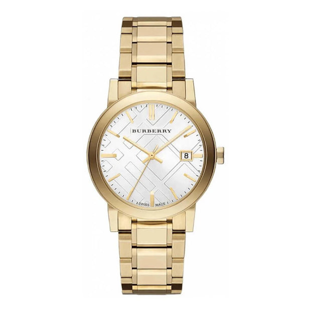 A gold-tone Burberry 'The City' men's watch with a silver sunray dial and a gold-tone stainless steel bracelet.