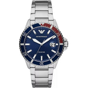 Emporio Armani AR11339 Men's Diver Watch, featuring a blue dial with silver-tone hands and a unidirectional rotating bezel in blue and red, on a stainless steel bracelet.