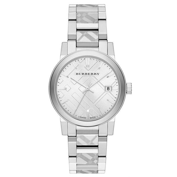 A Burberry Urban Steel Heritage Watch with a silver dial and stainless steel bracelet with 'Nova check' engraving.
